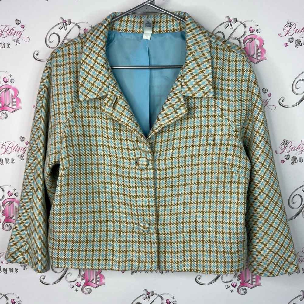 Old navy blazer button up green brown y2k coat Plaid Jacket houndstooth
